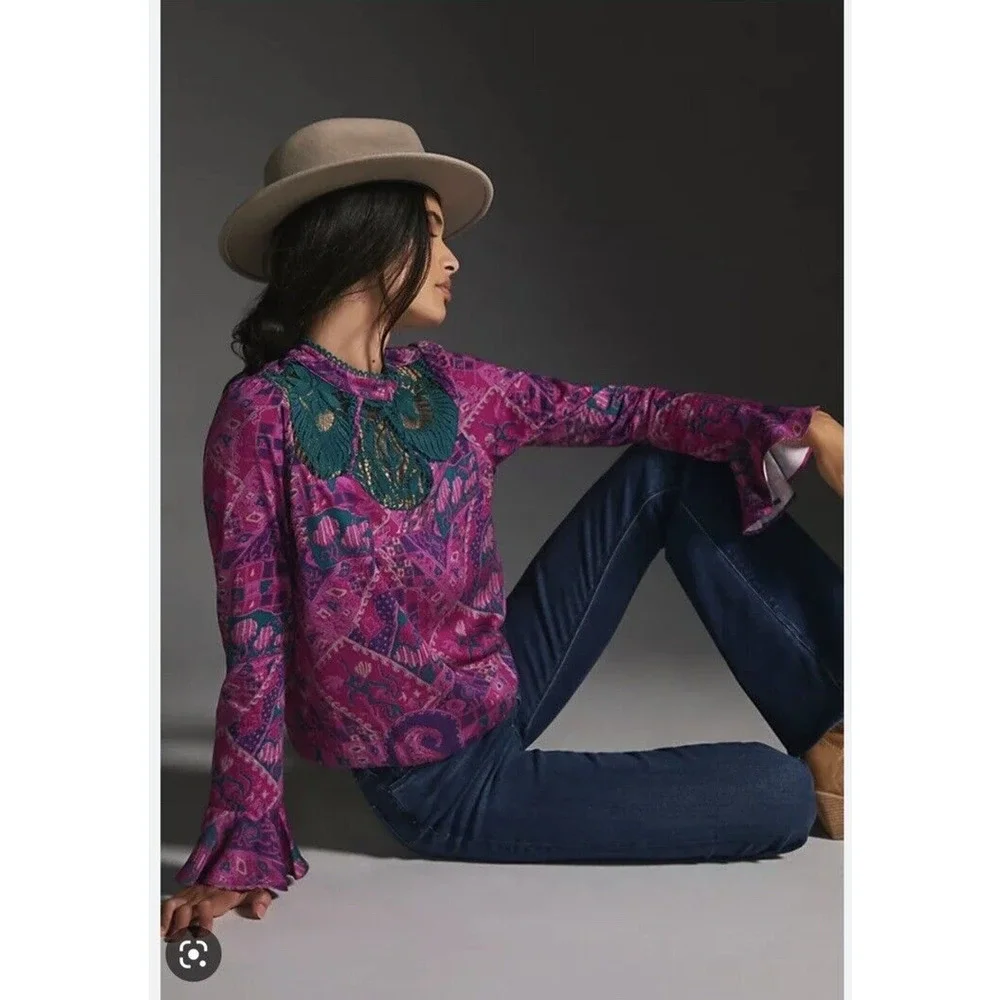 Anthropologie TINY Brenan Flutter Sleeve Top Purple Turquoise Womens XXS NWT - Picture 1 of 8